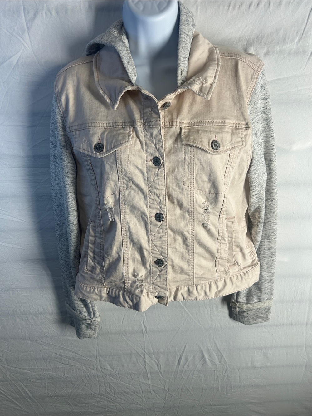 Light Pink Denim Jacket with Heather Gray Knit Sleeves